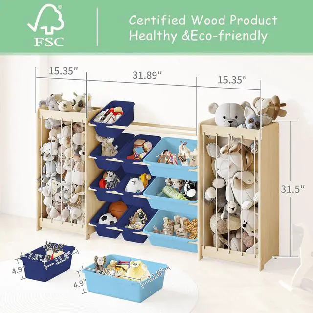 Alt view image 2 of 7 - Large Toy Storage Organizer, Wooden Stuffed Animal Storage & 12-Bins Toy Organizer, Double-Sided Plush Toy Holder Featuring Thicker Ropes, Space Save Bedroom Nursery Playroom Storage, Blue