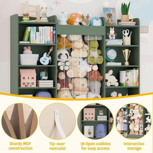 Alt view image 5 of 7 - VontinT 63" W Wooden Kids Bookshelf Toy Organizer Stuffed Animal Storage