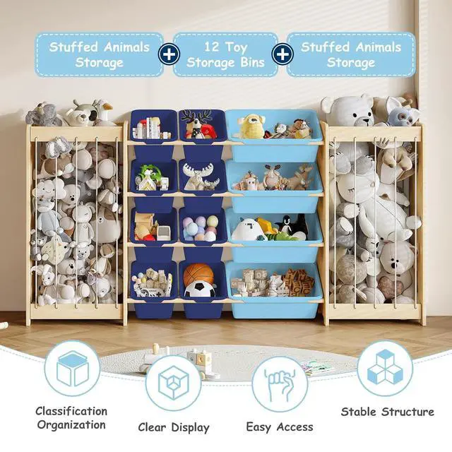 Alt view image 4 of 7 - Large Toy Storage Organizer, Wooden Stuffed Animal Storage & 12-Bins Toy Organizer, Double-Sided Plush Toy Holder Featuring Thicker Ropes, Space Save Bedroom Nursery Playroom Storage, Blue