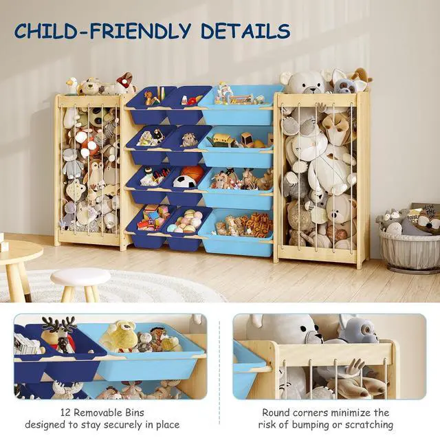 Alt view image 3 of 7 - Large Toy Storage Organizer, Wooden Stuffed Animal Storage & 12-Bins Toy Organizer, Double-Sided Plush Toy Holder Featuring Thicker Ropes, Space Save Bedroom Nursery Playroom Storage, Blue