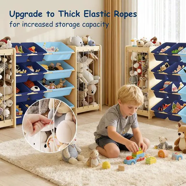 Alt view image 5 of 7 - Large Toy Storage Organizer, Wooden Stuffed Animal Storage & 12-Bins Toy Organizer, Double-Sided Plush Toy Holder Featuring Thicker Ropes, Space Save Bedroom Nursery Playroom Storage, Blue