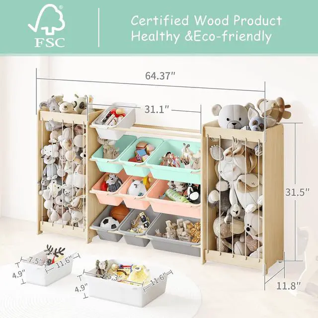 Alt view image 2 of 7 - Large Toy Storage Organizer, Wooden Stuffed Animal Storage & 12-Bins Toy Organizer, Double-Sided Plush Toy Holder Featuring Thicker Ropes, Space Save Playroom Bedroom Nursery Storage, Multi