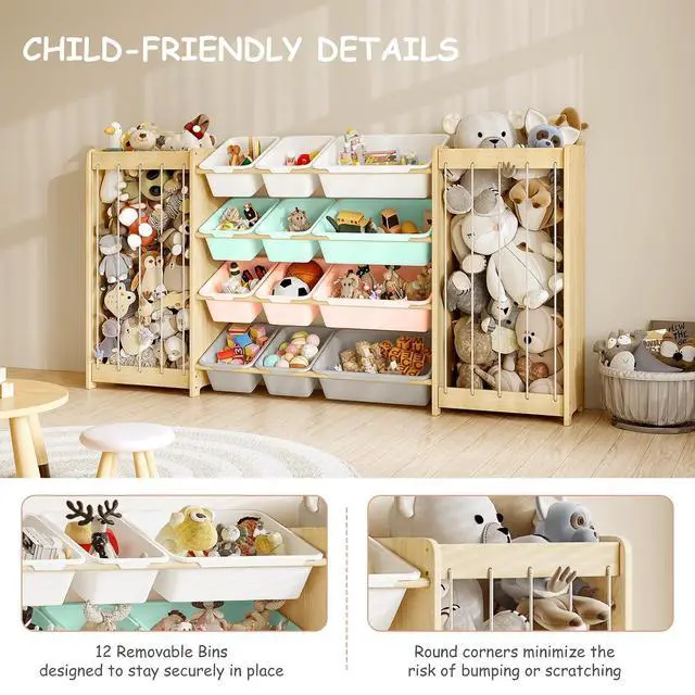Alt view image 3 of 7 - Large Toy Storage Organizer, Wooden Stuffed Animal Storage & 12-Bins Toy Organizer, Double-Sided Plush Toy Holder Featuring Thicker Ropes, Space Save Playroom Bedroom Nursery Storage, Multi