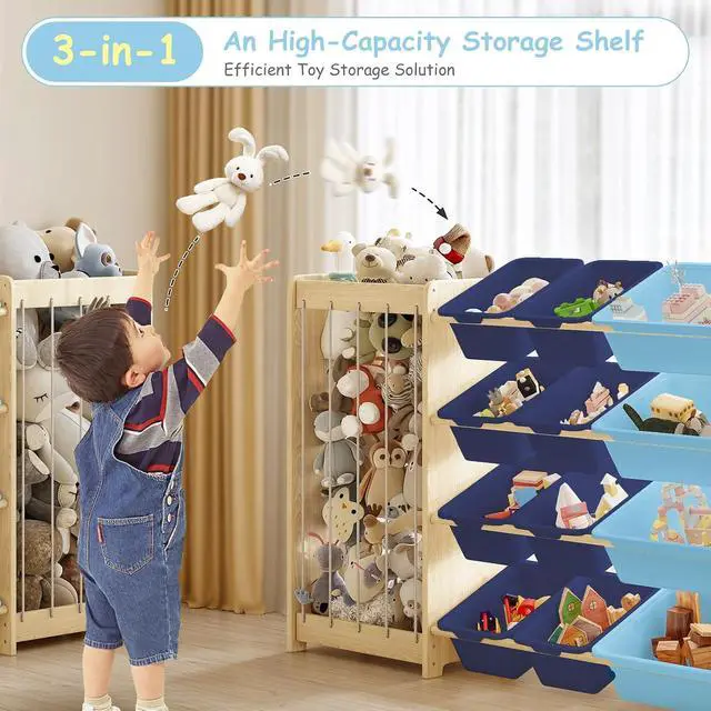 Alt view image 7 of 7 - Large Toy Storage Organizer, Wooden Stuffed Animal Storage & 12-Bins Toy Organizer, Double-Sided Plush Toy Holder Featuring Thicker Ropes, Space Save Bedroom Nursery Playroom Storage, Blue