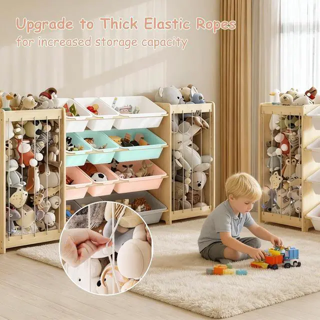 Alt view image 5 of 7 - Large Toy Storage Organizer, Wooden Stuffed Animal Storage & 12-Bins Toy Organizer, Double-Sided Plush Toy Holder Featuring Thicker Ropes, Space Save Playroom Bedroom Nursery Storage, Multi