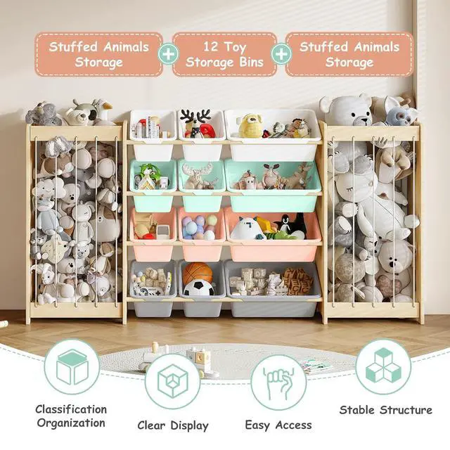 Alt view image 4 of 7 - Large Toy Storage Organizer, Wooden Stuffed Animal Storage & 12-Bins Toy Organizer, Double-Sided Plush Toy Holder Featuring Thicker Ropes, Space Save Playroom Bedroom Nursery Storage, Multi