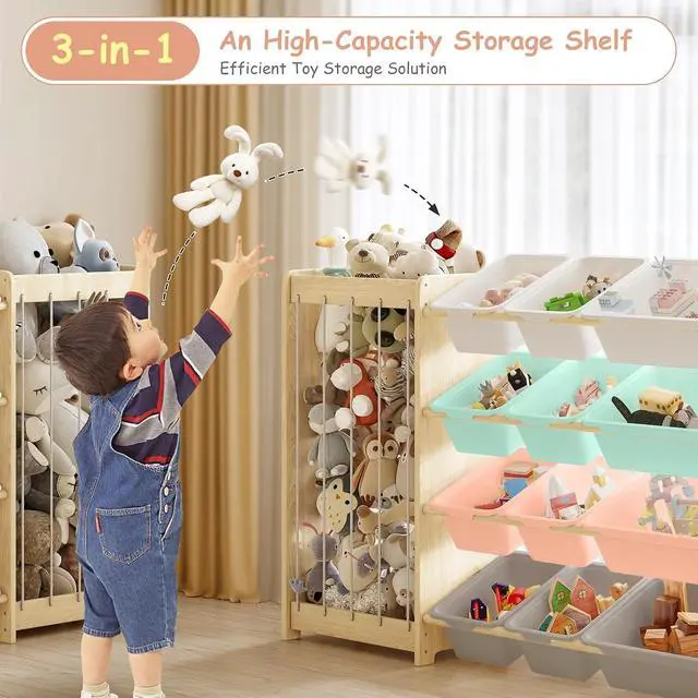 Alt view image 7 of 7 - Large Toy Storage Organizer, Wooden Stuffed Animal Storage & 12-Bins Toy Organizer, Double-Sided Plush Toy Holder Featuring Thicker Ropes, Space Save Playroom Bedroom Nursery Storage, Multi