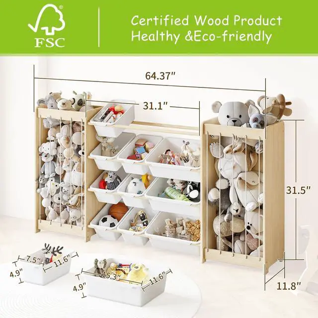 Alt view image 2 of 7 - Large Toy Storage Organizer, Wooden Stuffed Animal Storage & 12-Bins Toy Organizer, Double-Sided Plush Toy Holder Featuring Thicker Ropes, Space Save Playroom Nursery Bedroom Storage, White