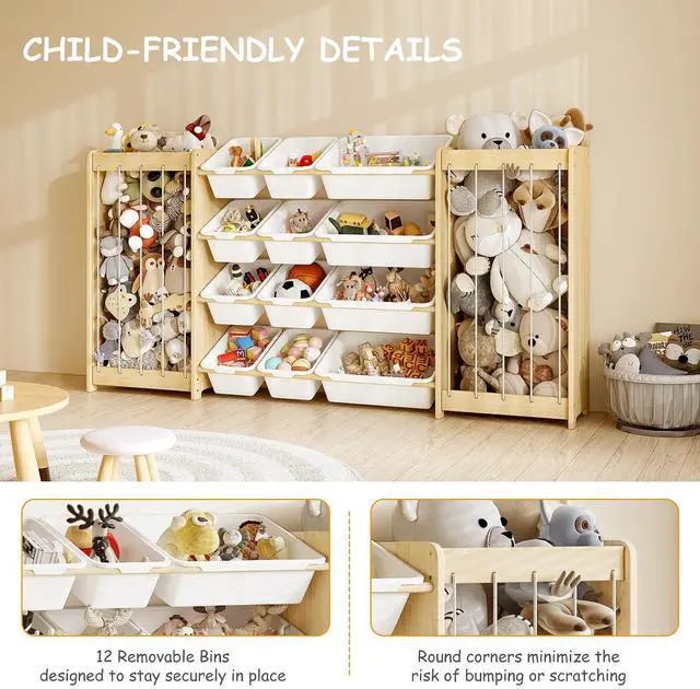 Alt view image 3 of 7 - Large Toy Storage Organizer, Wooden Stuffed Animal Storage & 12-Bins Toy Organizer, Double-Sided Plush Toy Holder Featuring Thicker Ropes, Space Save Playroom Nursery Bedroom Storage, White