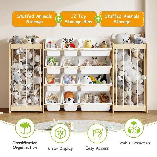 Alt view image 4 of 7 - Large Toy Storage Organizer, Wooden Stuffed Animal Storage & 12-Bins Toy Organizer, Double-Sided Plush Toy Holder Featuring Thicker Ropes, Space Save Playroom Nursery Bedroom Storage, White
