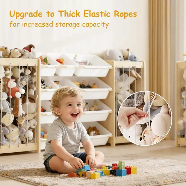 Alt view image 6 of 7 - Large Toy Storage Organizer, Wooden Stuffed Animal Storage & 12-Bins Toy Organizer, Double-Sided Plush Toy Holder Featuring Thicker Ropes, Space Save Playroom Nursery Bedroom Storage, White