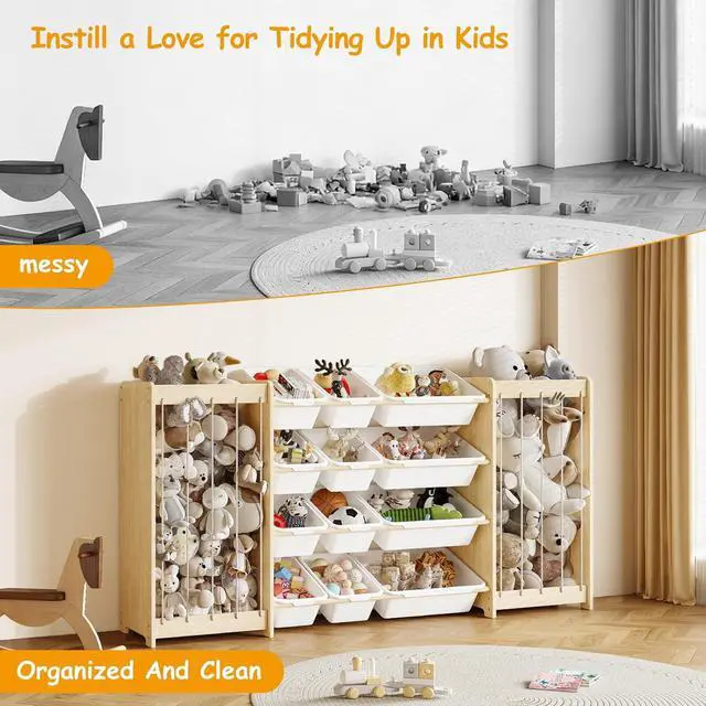 Alt view image 7 of 7 - Large Toy Storage Organizer, Wooden Stuffed Animal Storage & 12-Bins Toy Organizer, Double-Sided Plush Toy Holder Featuring Thicker Ropes, Space Save Playroom Nursery Bedroom Storage, White