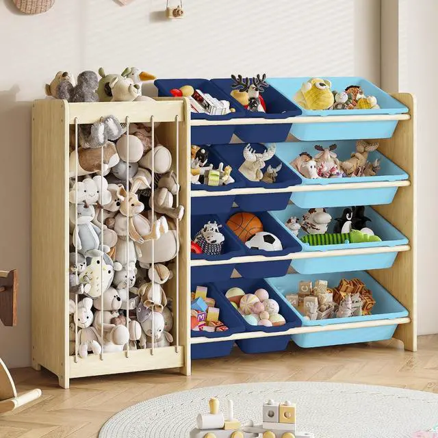 Main image of Kids Toy Storage Organizer, 2-in-1 Stuffed Animal Storage & Toy Organizer w/12 Bins, Solid Wood Toy Rack Featuring Thicker Elastic Ropes, Playroom Nursery Bedroom Storage, Blue