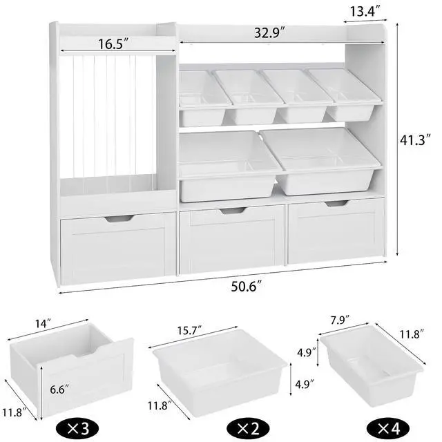 Alt view image 2 of 7 - Kids Toy Storage, 50.6" W x 41.3" H Large Toy Organizers and Storage Cabinet with 6 Plastic Bins, 3 Rolling Drawers, Stuffed Animal Zoo, Wooden Organization Shelf for Playroom, Nursery(White)