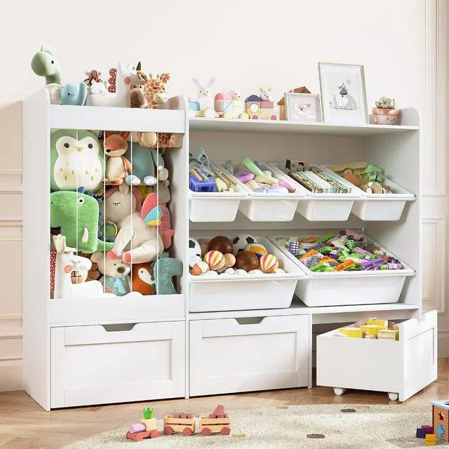Main image of Kids Toy Storage, 50.6" W x 41.3" H Large Toy Organizers and Storage Cabinet with 6 Plastic Bins, 3 Rolling Drawers, Stuffed Animal Zoo, Wooden Organization Shelf for Playroom, Nursery(White)