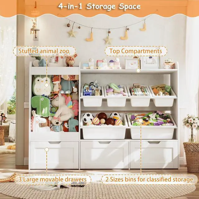 Alt view image 3 of 7 - Kids Toy Storage, 50.6" W x 41.3" H Large Toy Organizers and Storage Cabinet with 6 Plastic Bins, 3 Rolling Drawers, Stuffed Animal Zoo, Wooden Organization Shelf for Playroom, Nursery(White)