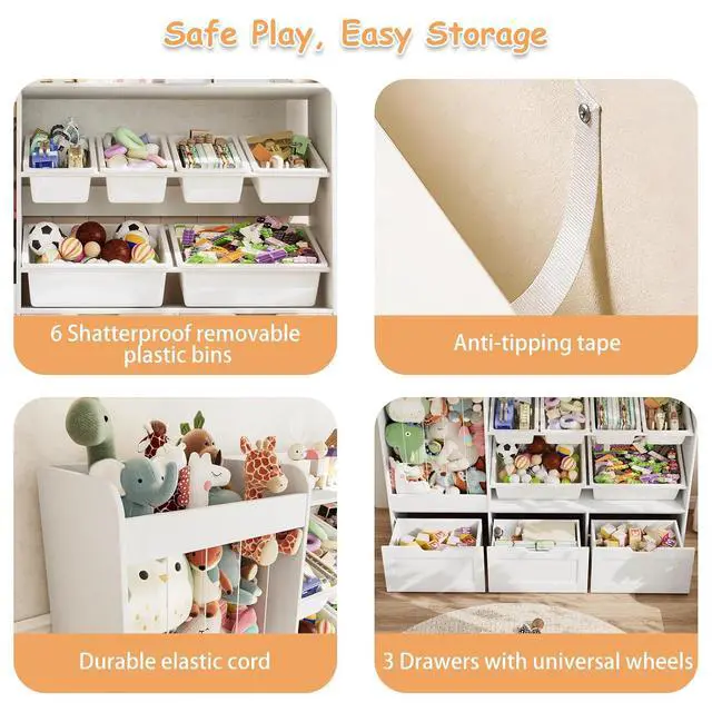 Alt view image 5 of 7 - Kids Toy Storage, 50.6" W x 41.3" H Large Toy Organizers and Storage Cabinet with 6 Plastic Bins, 3 Rolling Drawers, Stuffed Animal Zoo, Wooden Organization Shelf for Playroom, Nursery(White)