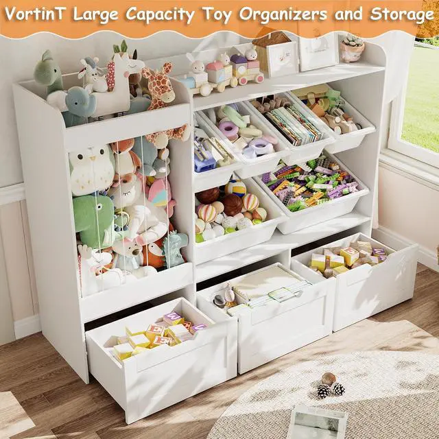 Alt view image 4 of 7 - Kids Toy Storage, 50.6" W x 41.3" H Large Toy Organizers and Storage Cabinet with 6 Plastic Bins, 3 Rolling Drawers, Stuffed Animal Zoo, Wooden Organization Shelf for Playroom, Nursery(White)