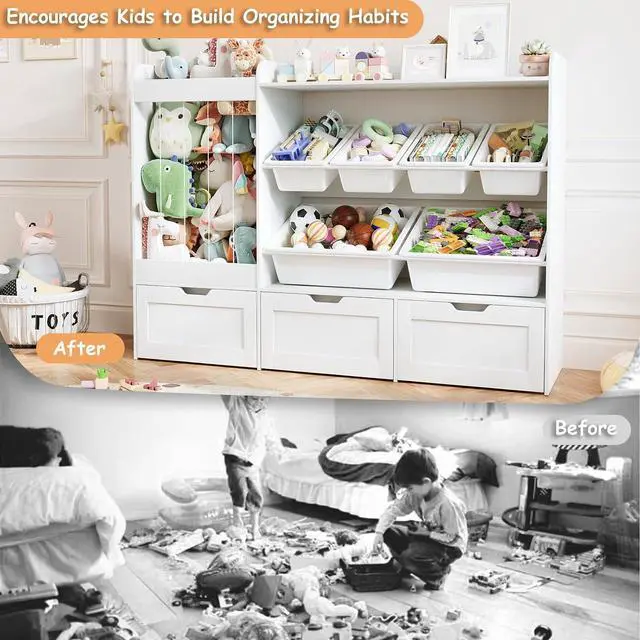 Alt view image 6 of 7 - Kids Toy Storage, 50.6" W x 41.3" H Large Toy Organizers and Storage Cabinet with 6 Plastic Bins, 3 Rolling Drawers, Stuffed Animal Zoo, Wooden Organization Shelf for Playroom, Nursery(White)