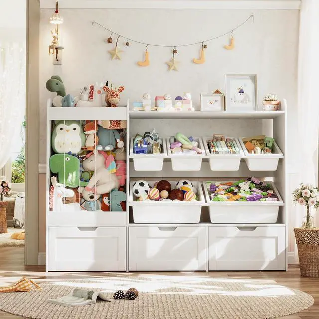 Alt view image 7 of 7 - Kids Toy Storage, 50.6" W x 41.3" H Large Toy Organizers and Storage Cabinet with 6 Plastic Bins, 3 Rolling Drawers, Stuffed Animal Zoo, Wooden Organization Shelf for Playroom, Nursery(White)