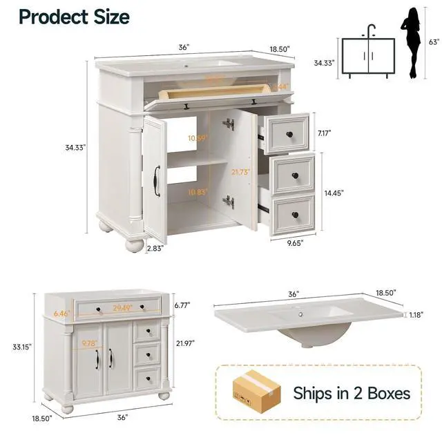 Alt view image 2 of 7 - 36" Freestanding Bathroom Vanity with Ceramic Sink, White