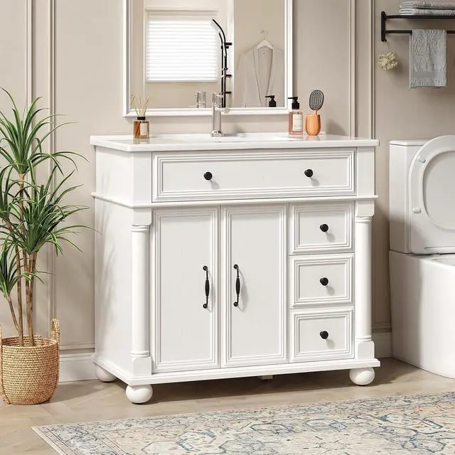 Main image of 36" Freestanding Bathroom Vanity with Ceramic Sink, White