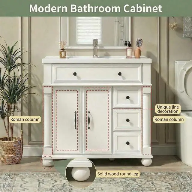 Alt view image 3 of 7 - 36" Freestanding Bathroom Vanity with Ceramic Sink, White