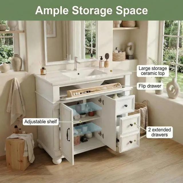 Alt view image 5 of 7 - 36" Freestanding Bathroom Vanity with Ceramic Sink, White