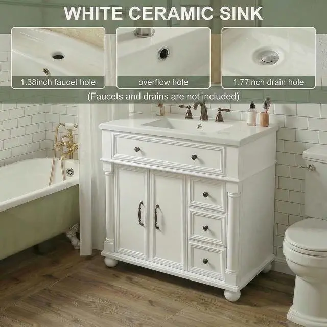 Alt view image 4 of 7 - 36" Freestanding Bathroom Vanity with Ceramic Sink, White