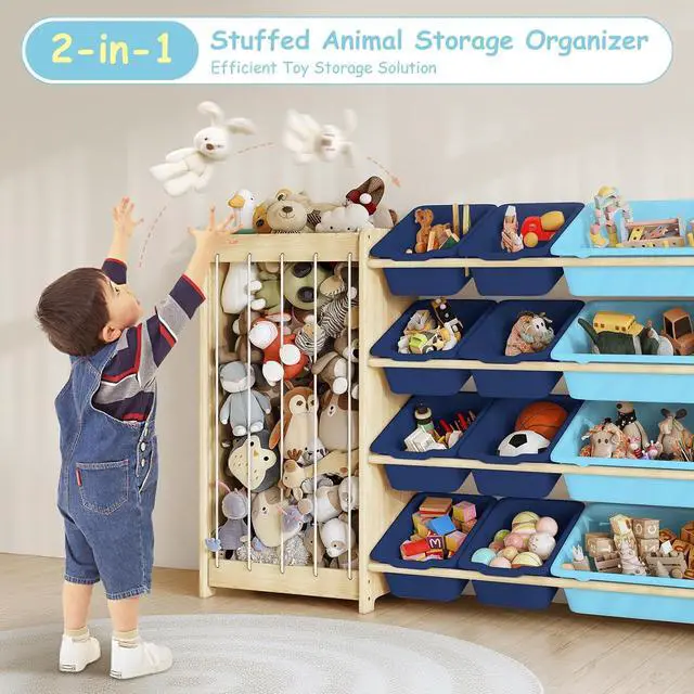 Alt view image 3 of 7 - Kids Toy Storage Organizer, 2-in-1 Stuffed Animal Storage & Toy Organizer w/12 Bins, Solid Wood Toy Rack Featuring Thicker Elastic Ropes, Playroom Nursery Bedroom Storage, Blue