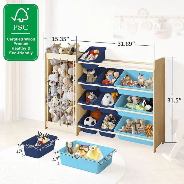 Alt view image 2 of 7 - Kids Toy Storage Organizer, 2-in-1 Stuffed Animal Storage & Toy Organizer w/12 Bins, Solid Wood Toy Rack Featuring Thicker Elastic Ropes, Playroom Nursery Bedroom Storage, Blue