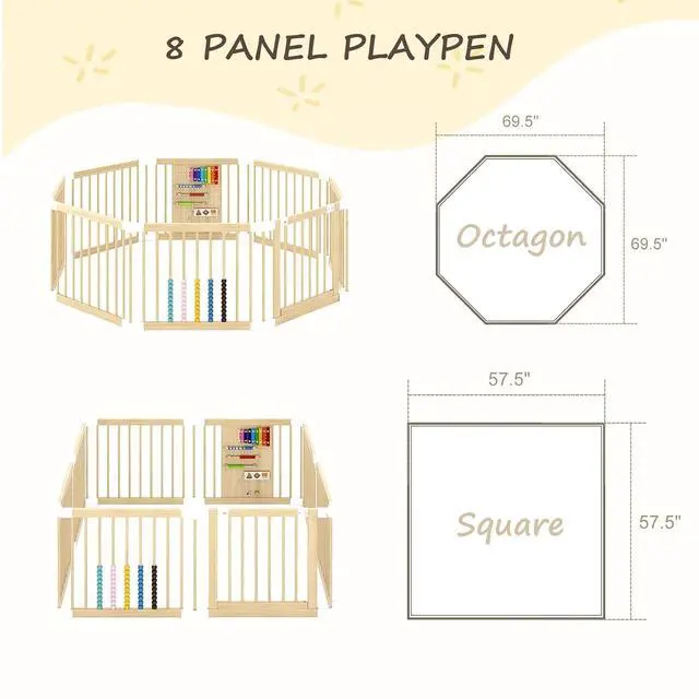 Alt view image 2 of 7 - Wooden Baby Playpen, 58x58x23 in Foldable Solid Wood Playpen for Babies and Toddlers, Adjustable Baby Fence with Locking Gate & Activity Panels, Portable Indoor Toddler Play Yard