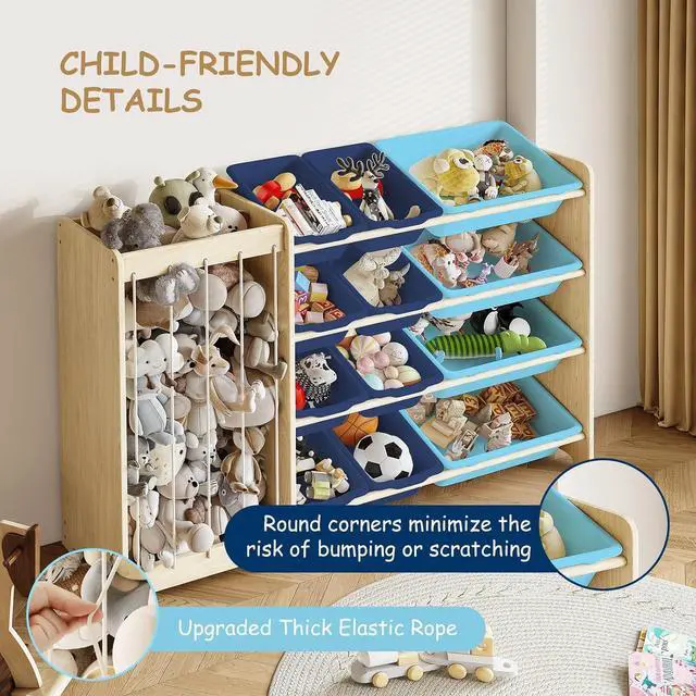Alt view image 4 of 7 - Kids Toy Storage Organizer, 2-in-1 Stuffed Animal Storage & Toy Organizer w/12 Bins, Solid Wood Toy Rack Featuring Thicker Elastic Ropes, Playroom Nursery Bedroom Storage, Blue