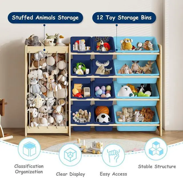 Alt view image 5 of 7 - Kids Toy Storage Organizer, 2-in-1 Stuffed Animal Storage & Toy Organizer w/12 Bins, Solid Wood Toy Rack Featuring Thicker Elastic Ropes, Playroom Nursery Bedroom Storage, Blue