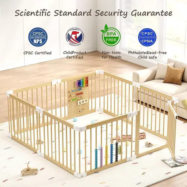Alt view image 3 of 7 - Wooden Baby Playpen, 58x58x23 in Foldable Solid Wood Playpen for Babies and Toddlers, Adjustable Baby Fence with Locking Gate & Activity Panels, Portable Indoor Toddler Play Yard