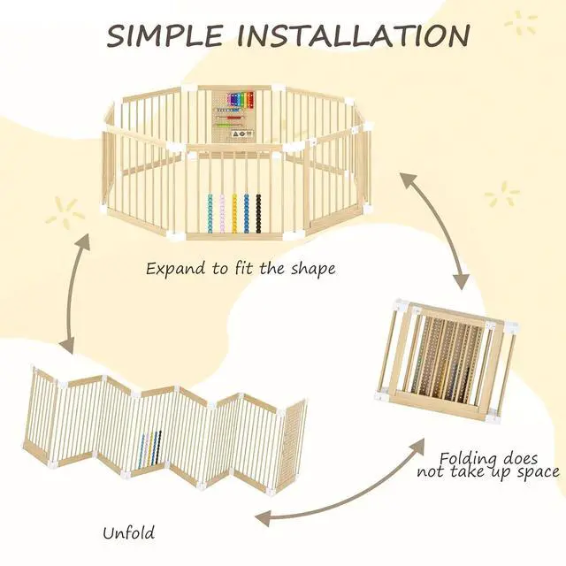 Alt view image 4 of 7 - Wooden Baby Playpen, 58x58x23 in Foldable Solid Wood Playpen for Babies and Toddlers, Adjustable Baby Fence with Locking Gate & Activity Panels, Portable Indoor Toddler Play Yard