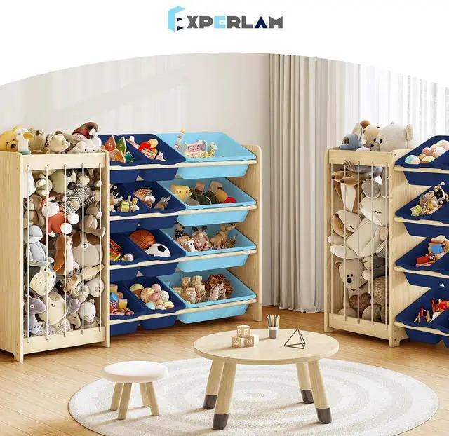 Alt view image 7 of 7 - Kids Toy Storage Organizer, 2-in-1 Stuffed Animal Storage & Toy Organizer w/12 Bins, Solid Wood Toy Rack Featuring Thicker Elastic Ropes, Playroom Nursery Bedroom Storage, Blue