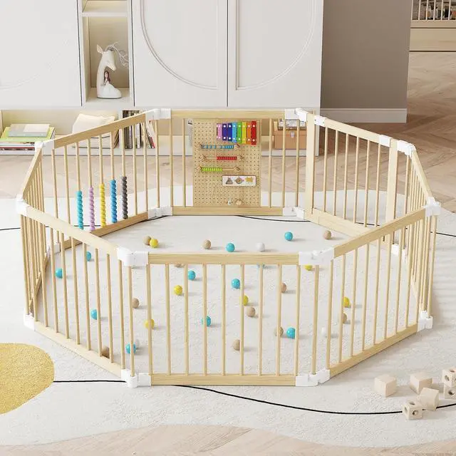 Main image of Wooden Baby Playpen, 58x58x23 in Foldable Solid Wood Playpen for Babies and Toddlers, Adjustable Baby Fence with Locking Gate & Activity Panels, Portable Indoor Toddler Play Yard