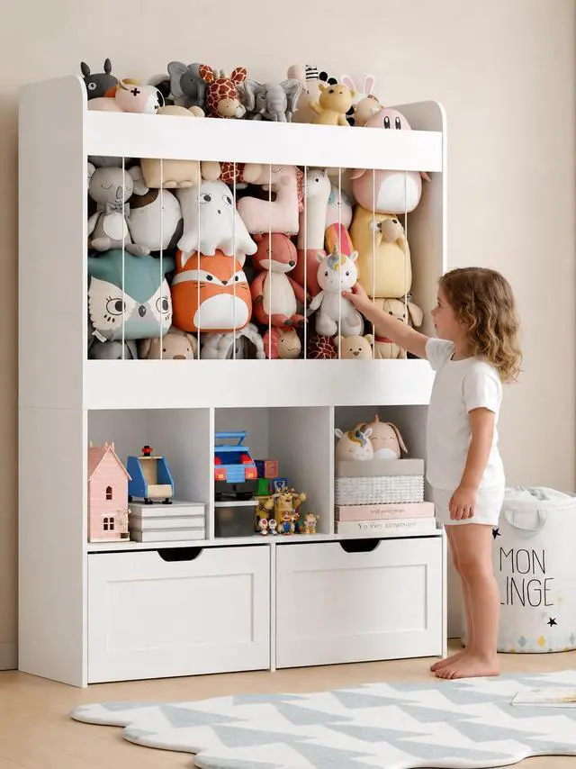 Main image of 51.7" H Kids Toy Storage Organizer with 100L Stuffed Animal Storage Zoo, 3-Tier Montessori Wooden Bookshelf with 2 Movable Bins and 3 Cubes, Tall Storage Cabinet for Kids Room Playroom Nursery, White