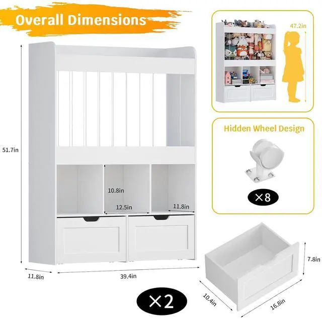 Alt view image 2 of 7 - 51.7" H Kids Toy Storage Organizer with 100L Stuffed Animal Storage Zoo, 3-Tier Montessori Wooden Bookshelf with 2 Movable Bins and 3 Cubes, Tall Storage Cabinet for Kids Room Playroom Nursery, White