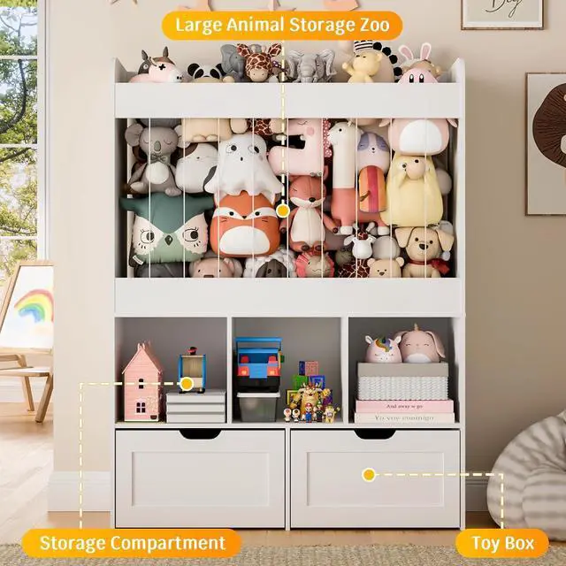 Alt view image 3 of 7 - 51.7" H Kids Toy Storage Organizer with 100L Stuffed Animal Storage Zoo, 3-Tier Montessori Wooden Bookshelf with 2 Movable Bins and 3 Cubes, Tall Storage Cabinet for Kids Room Playroom Nursery, White