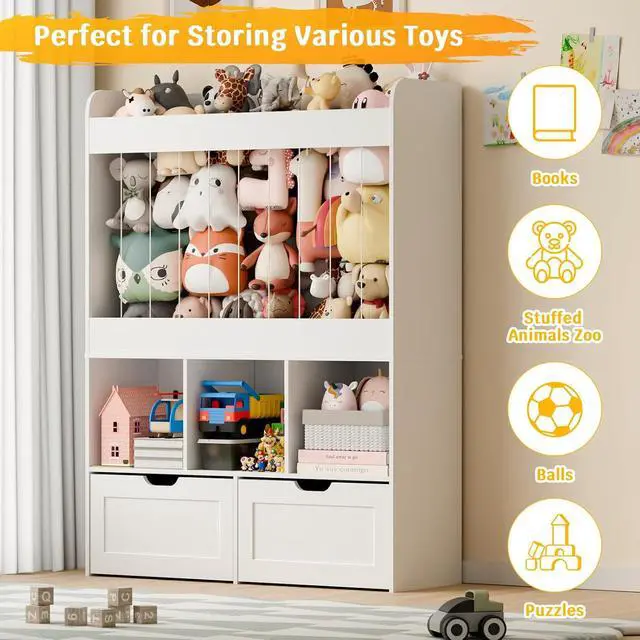 Alt view image 4 of 7 - 51.7" H Kids Toy Storage Organizer with 100L Stuffed Animal Storage Zoo, 3-Tier Montessori Wooden Bookshelf with 2 Movable Bins and 3 Cubes, Tall Storage Cabinet for Kids Room Playroom Nursery, White