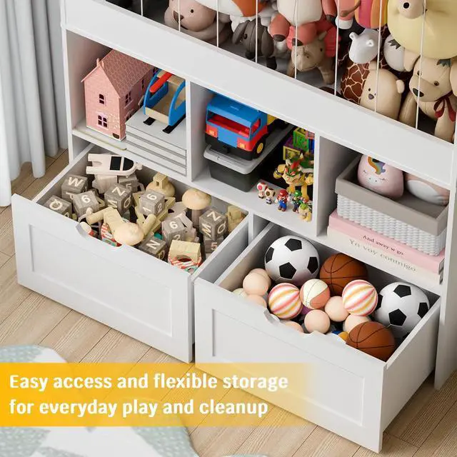 Alt view image 6 of 7 - 51.7" H Kids Toy Storage Organizer with 100L Stuffed Animal Storage Zoo, 3-Tier Montessori Wooden Bookshelf with 2 Movable Bins and 3 Cubes, Tall Storage Cabinet for Kids Room Playroom Nursery, White