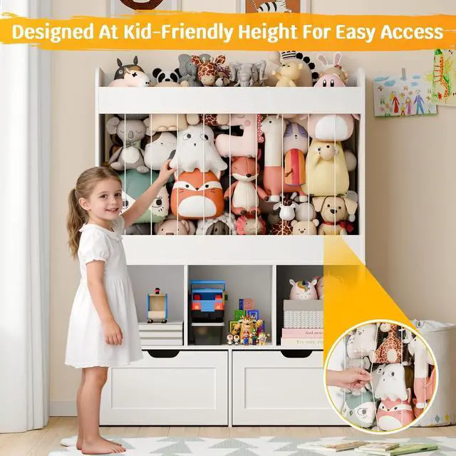 Alt view image 5 of 7 - 51.7" H Kids Toy Storage Organizer with 100L Stuffed Animal Storage Zoo, 3-Tier Montessori Wooden Bookshelf with 2 Movable Bins and 3 Cubes, Tall Storage Cabinet for Kids Room Playroom Nursery, White
