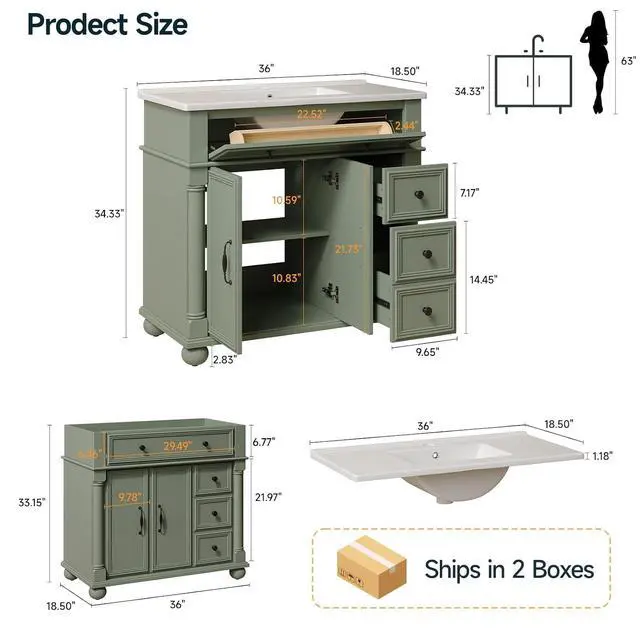 Alt view image 2 of 7 - 36" Freestanding Bathroom Vanity with Ceramic Sink, Green