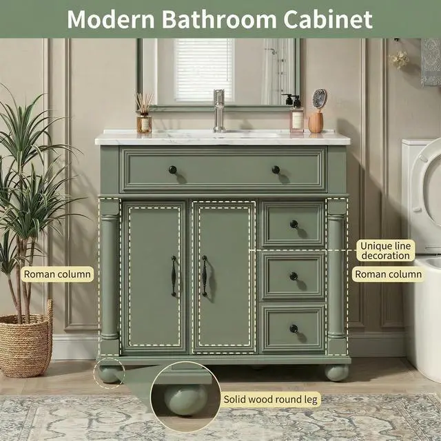 Alt view image 3 of 7 - 36" Freestanding Bathroom Vanity with Ceramic Sink, Green