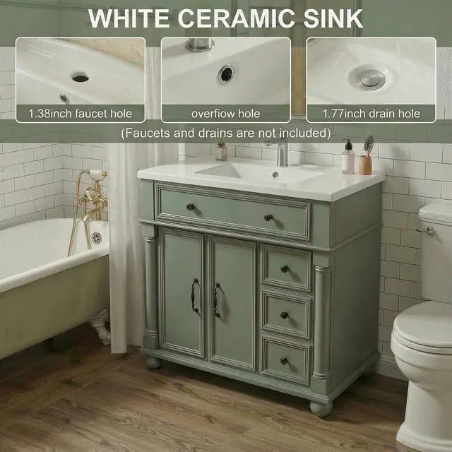 Alt view image 4 of 7 - 36" Freestanding Bathroom Vanity with Ceramic Sink, Green