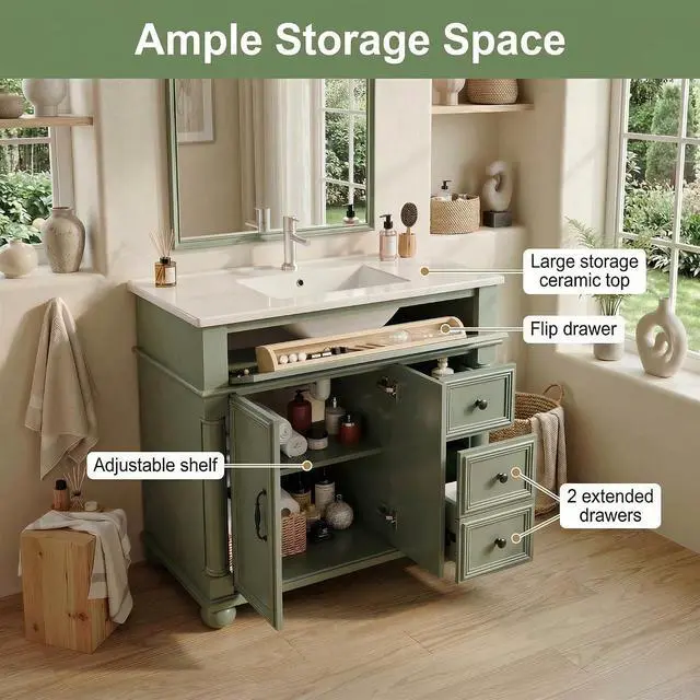 Alt view image 5 of 7 - 36" Freestanding Bathroom Vanity with Ceramic Sink, Green
