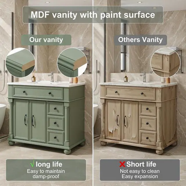 Alt view image 7 of 7 - 36" Freestanding Bathroom Vanity with Ceramic Sink, Green
