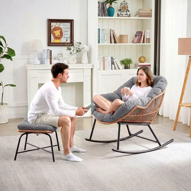 Alt view image 2 of 7 - Outdoor Papasan Rocking Chair, Egg Chair with Ottoman, Light Gray